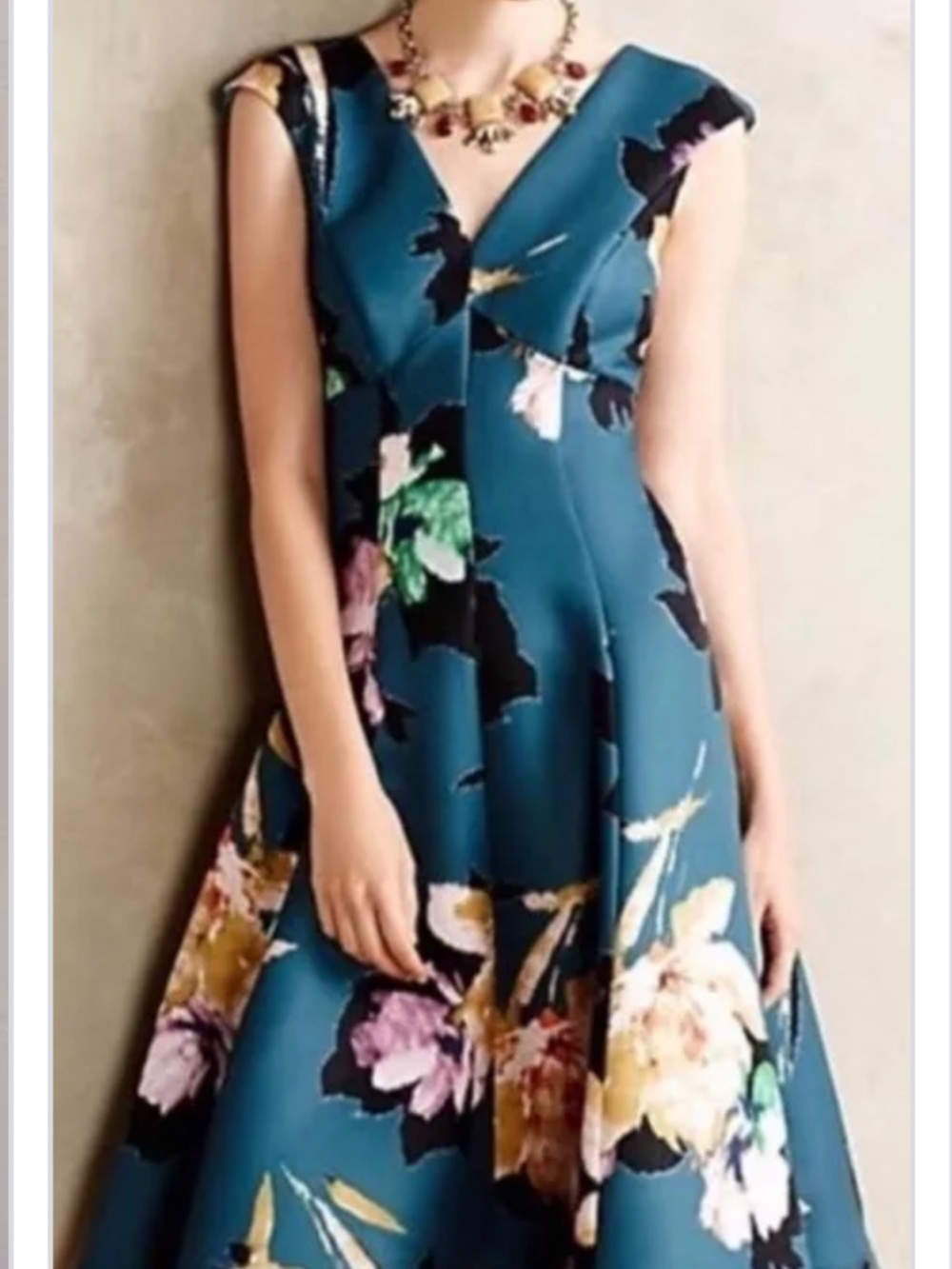 Moulinette Soeurs Baikal Teal Floral V-Neck Fit-and-Flare Dress